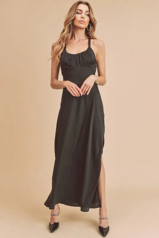 Aemi + Co Ruched Side Slit Cutout Back Maxi Cami Dress by Selvanelle