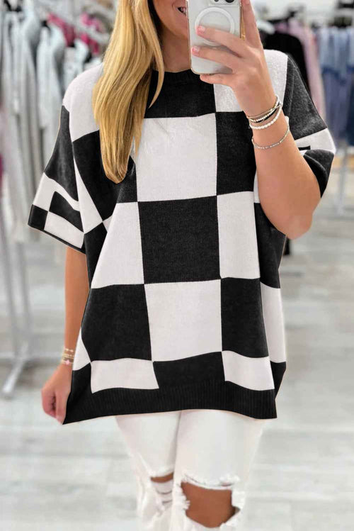 Black Checkered Pattern Loose Drop Shoulder Half Sleeve Sweater by Wild and Free Boutique