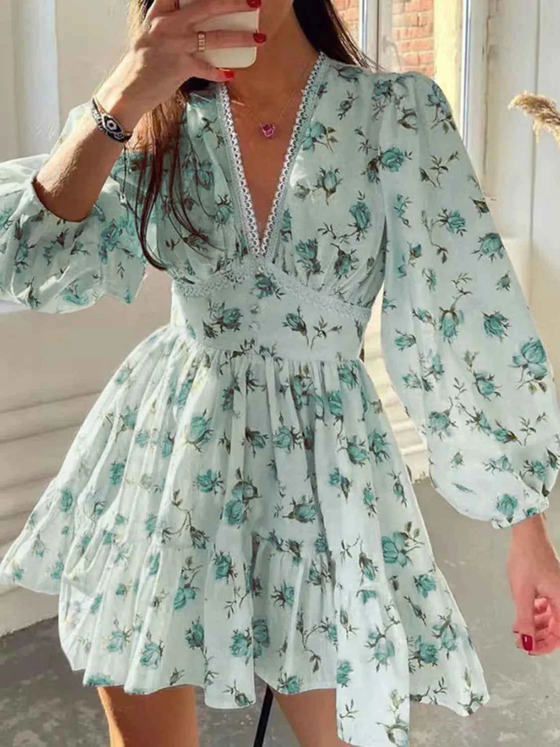 Lace Detail V Neck Balloon Sleeve Dress