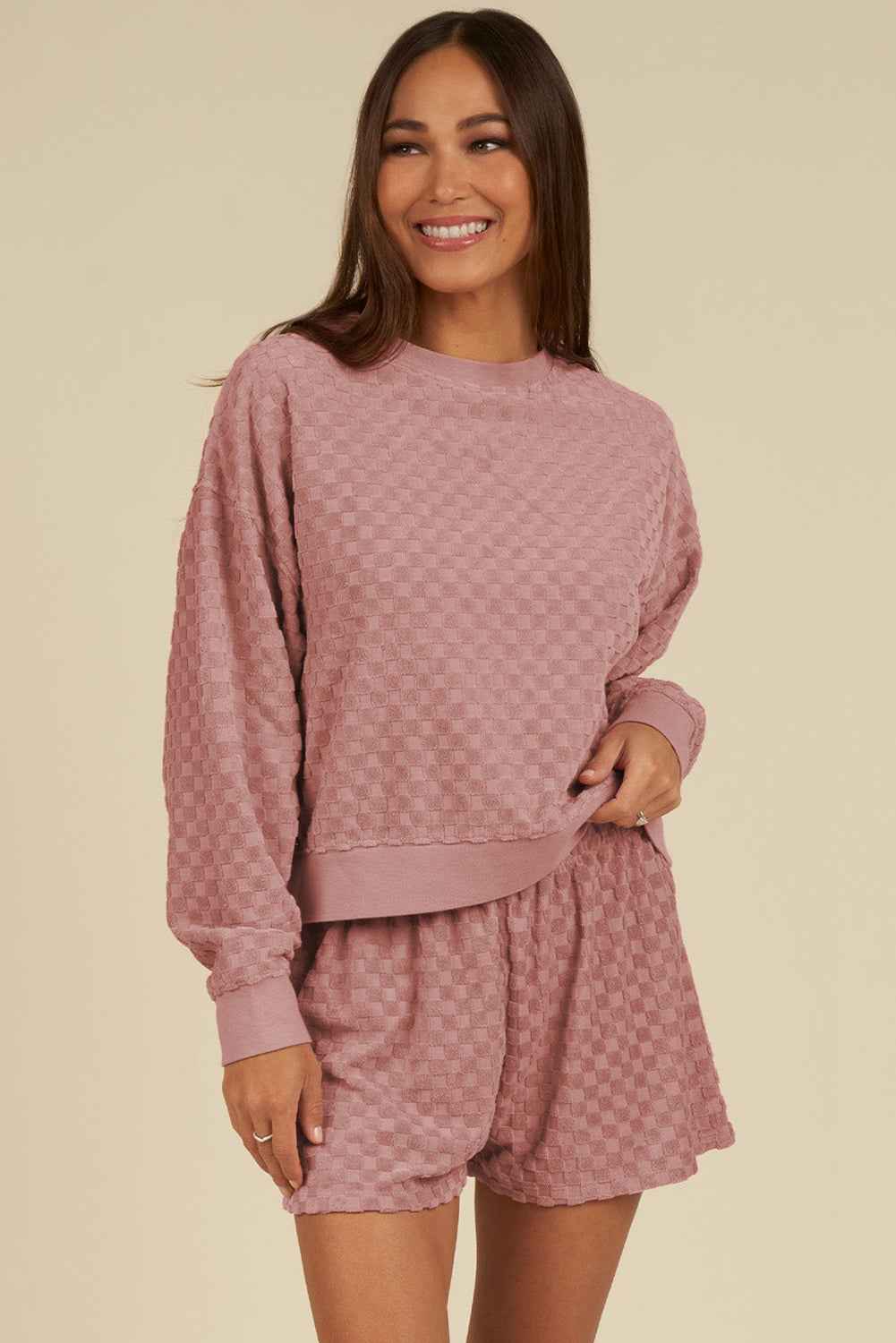 Blossom Checkered Textured Long Sleeve Top and Shorts Set