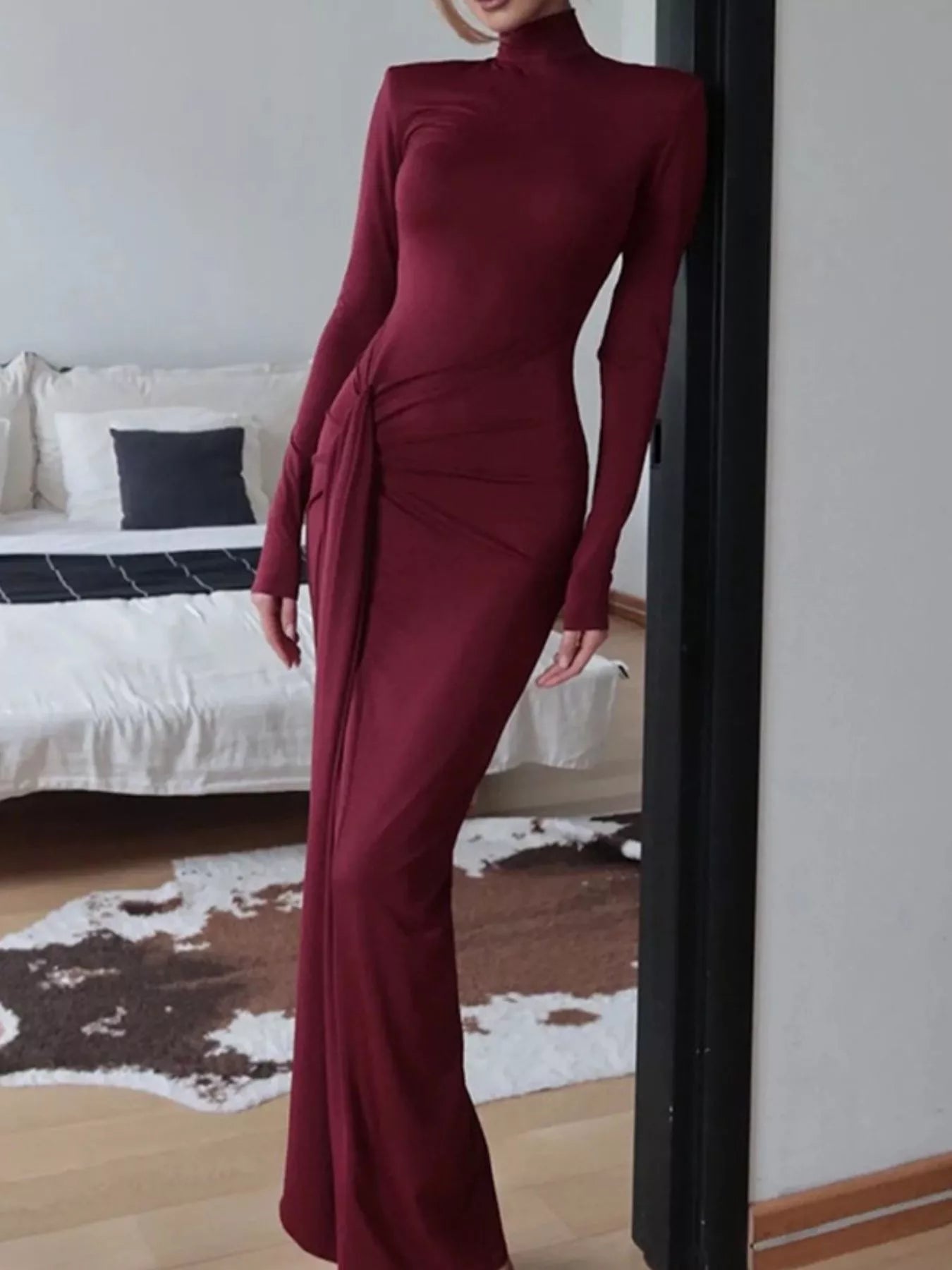 Turtleneck Long Sleeve Slit Maxi Dress by Shopiebay