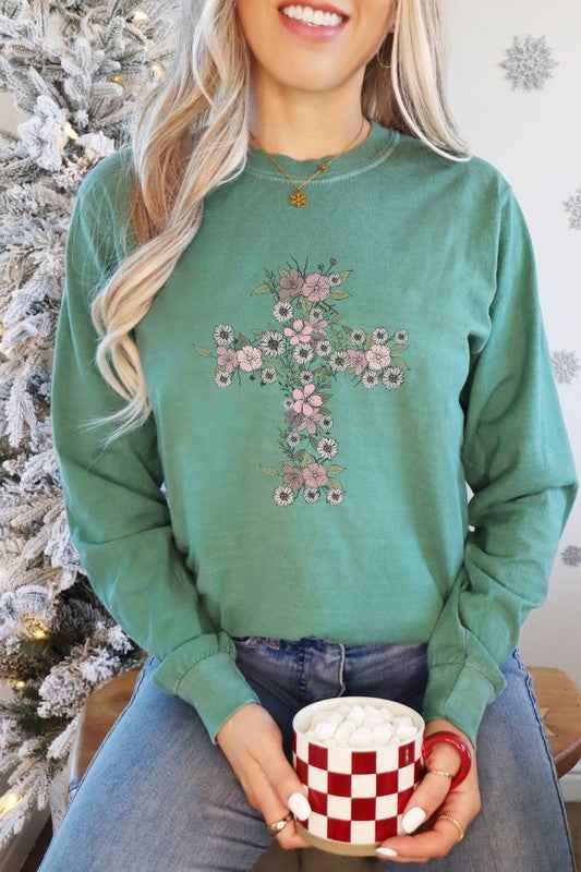Floral Cross Easter Comfort Colors Long Sleeve