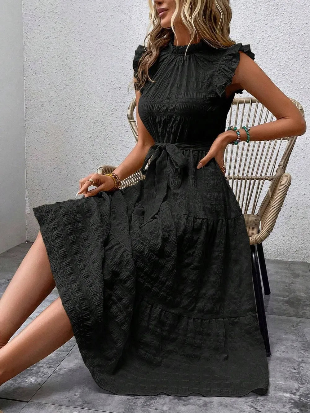 Tied Ruffled Cap Sleeve Midi Dress by Shopiebay