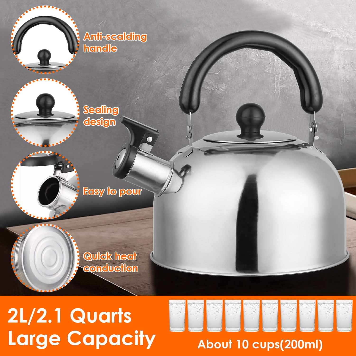 2.1 Quarts Stainless Steel Whistling Tea Kettle Stovetop Induction Gas Teapot by DailySale