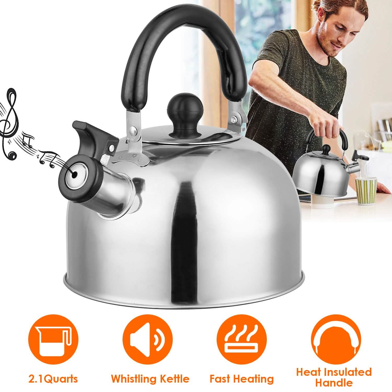 2.1 Quarts Stainless Steel Whistling Tea Kettle Stovetop Induction Gas Teapot by DailySale