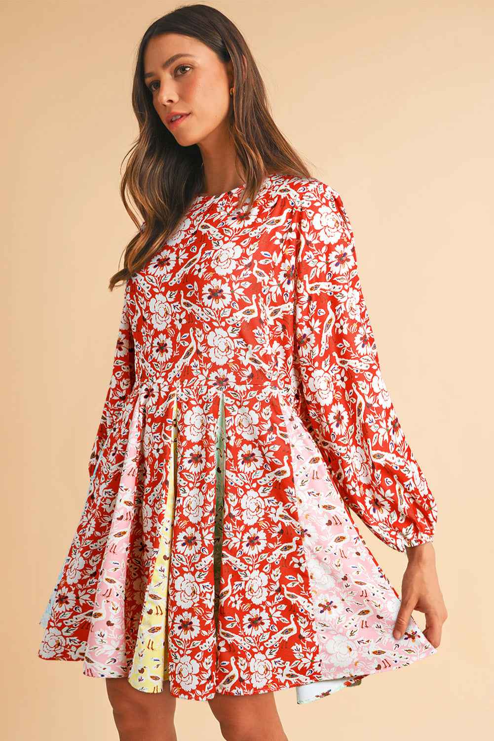 Red Colorful Floral Patchwork Long Sleeve Pleated Mini Dress