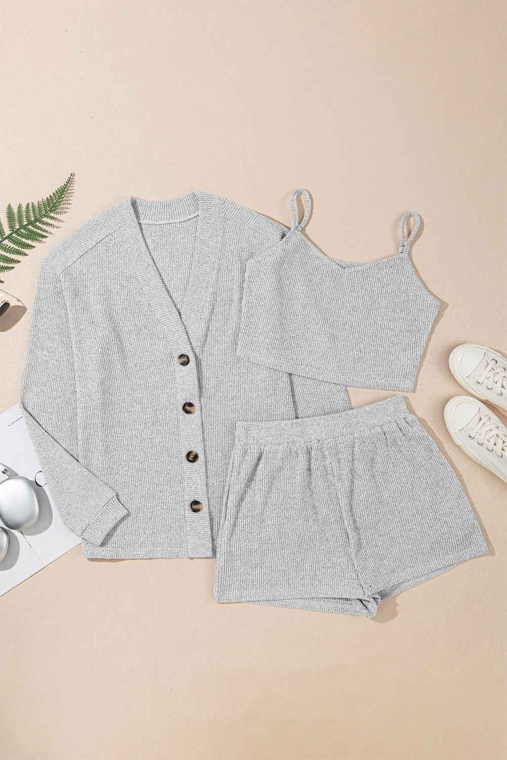 Light Grey 3 Pieces Rib Crop Camisole Matching Shorts Lounge Set with Cardigan