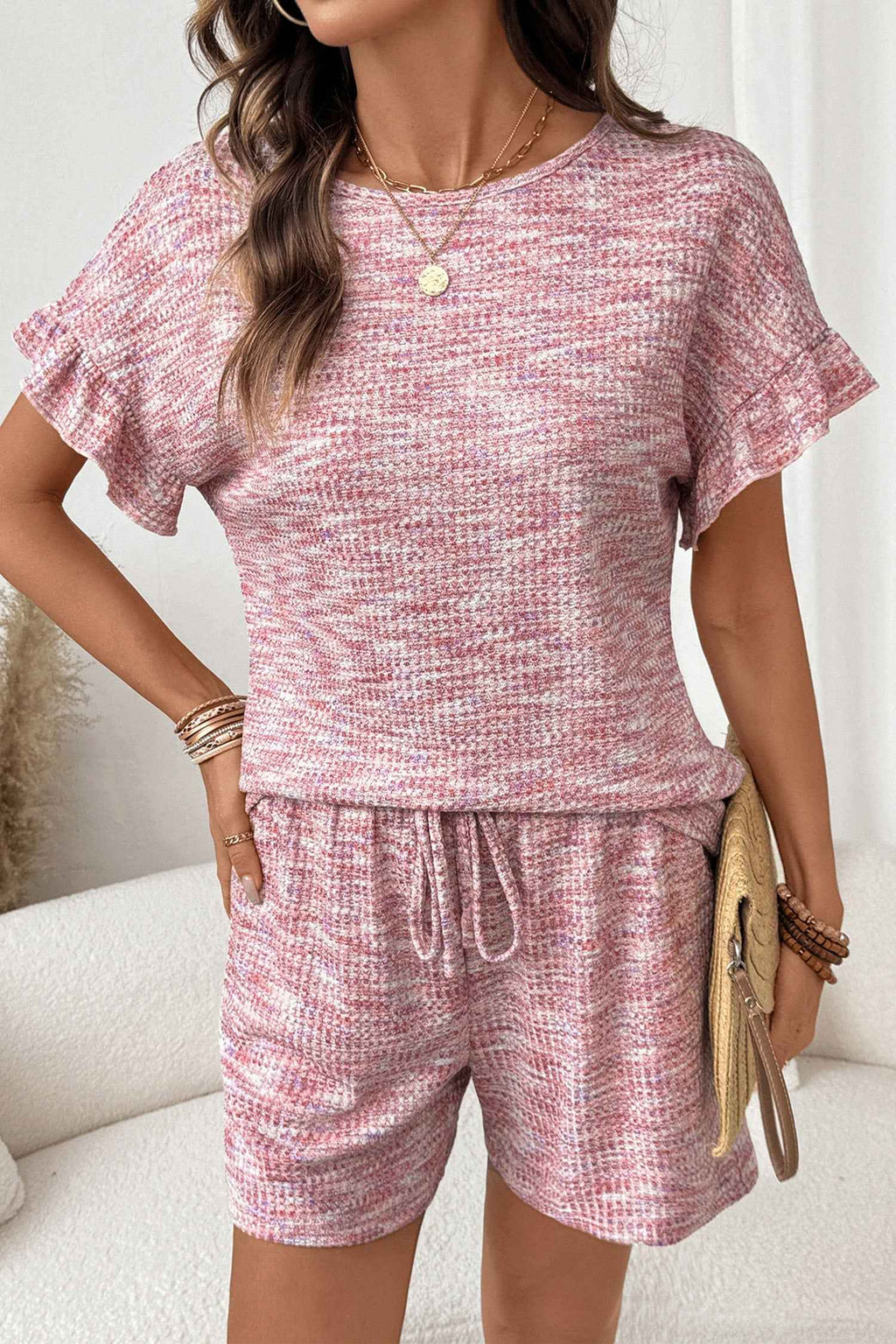 Light Pink Heather Textured Ruffle Sleeve Top and Drawstring Shorts Set