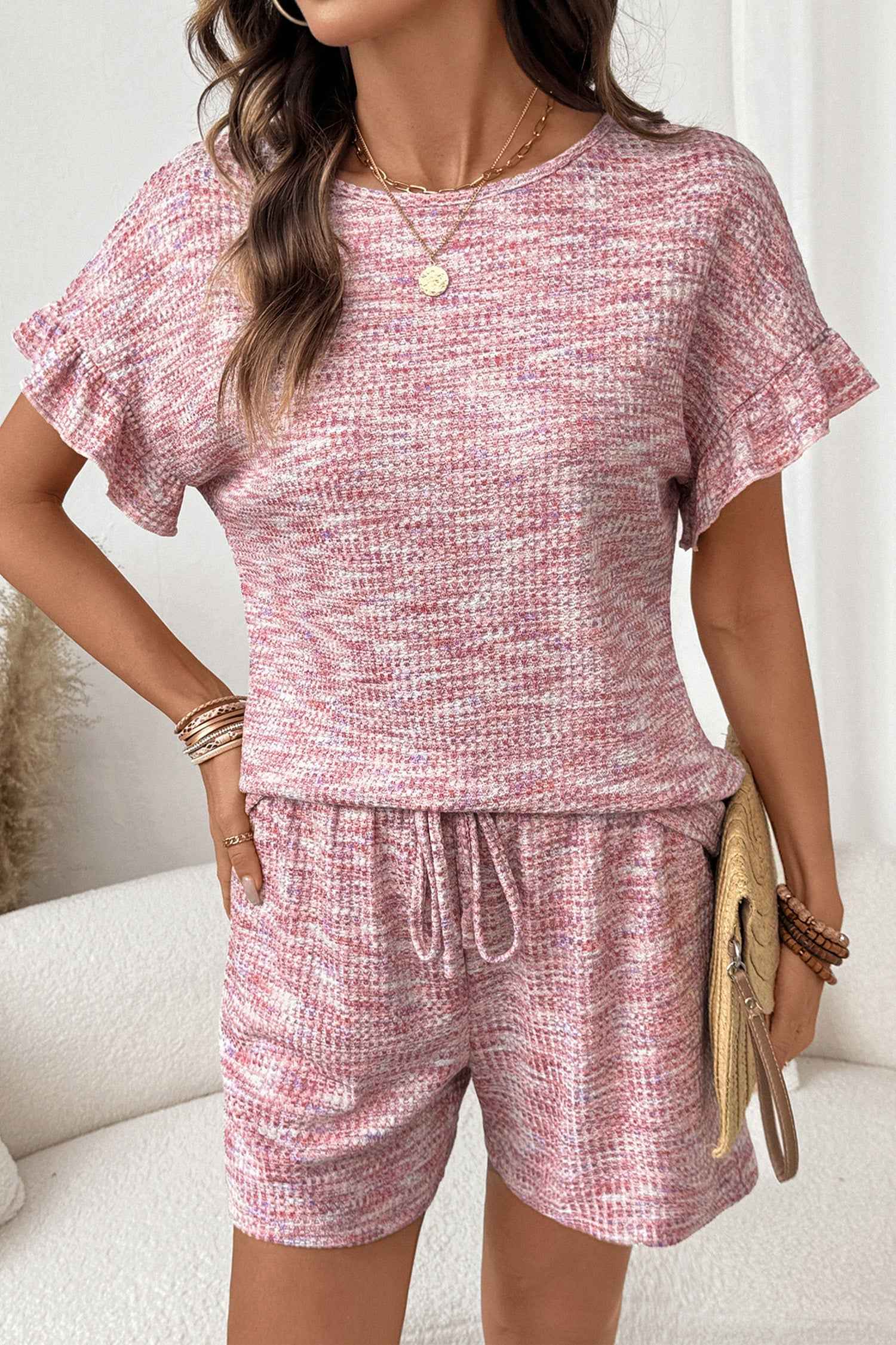 Light Pink Heather Textured Ruffle Sleeve Top and Drawstring Shorts Set