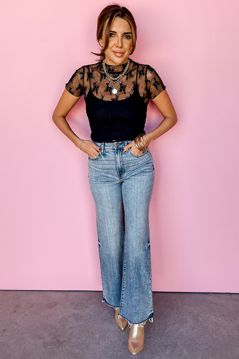 Black Floral Short Sleeve Sheer Mesh Blouse