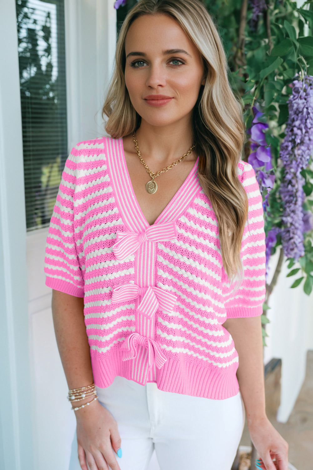 Green Stripe Short Sleeve Knit V Neck Bow Knot Sweater