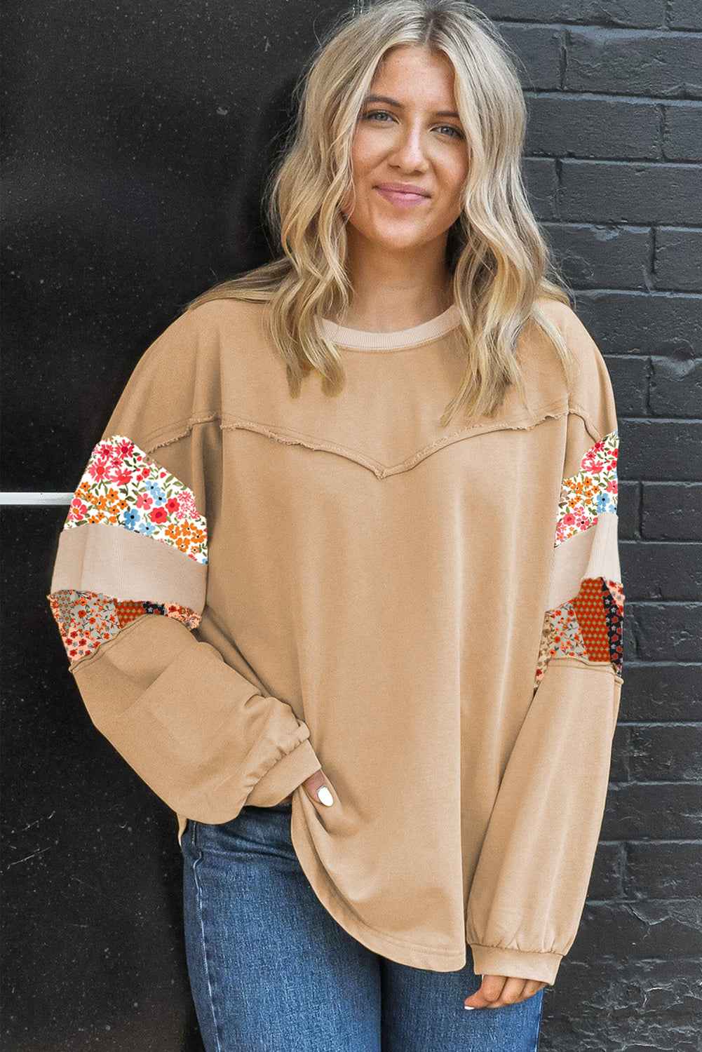 Khaki Exposed Seam Floral Mixed Patchwork Plus Size Top