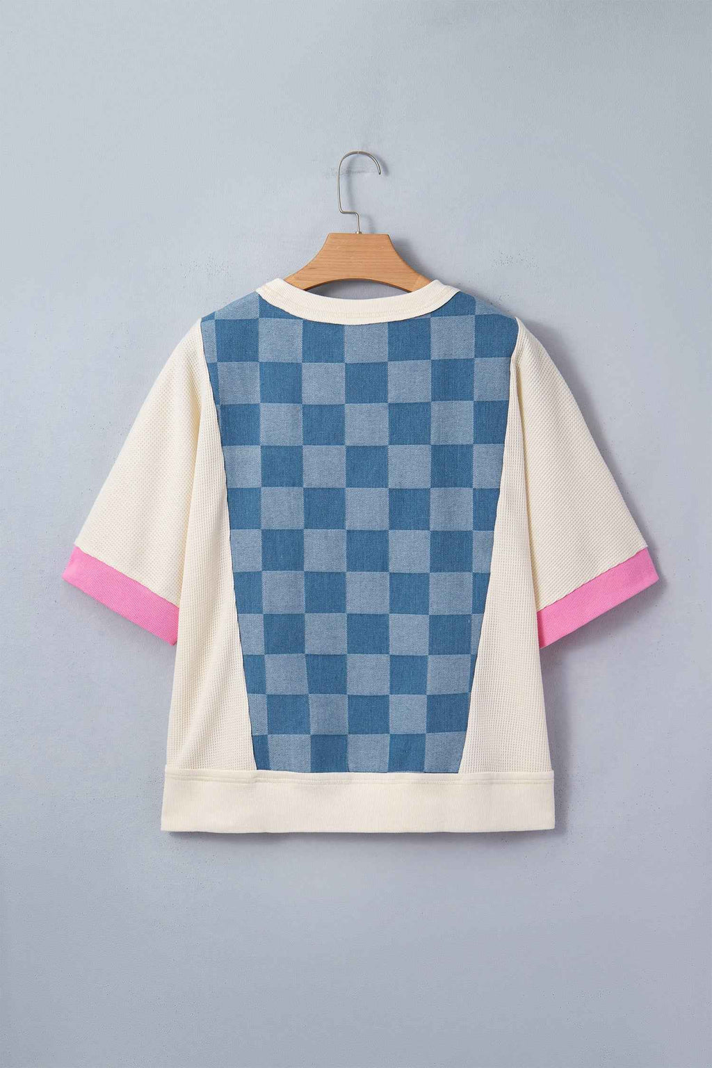 Dusk Blue Checkered Denim Patchwork Short Sleeve Loose Top