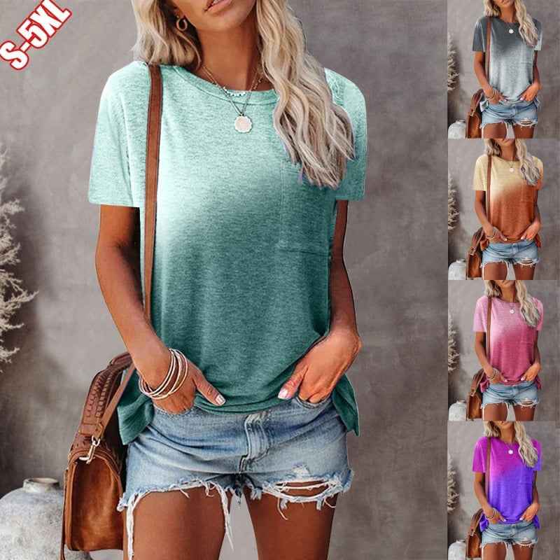 Women's Round Neck Tie-dye Pocket Print Top