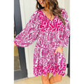 Orange Bohemian Print Puff Sleeve Tied V Neck Flared Mini Dress