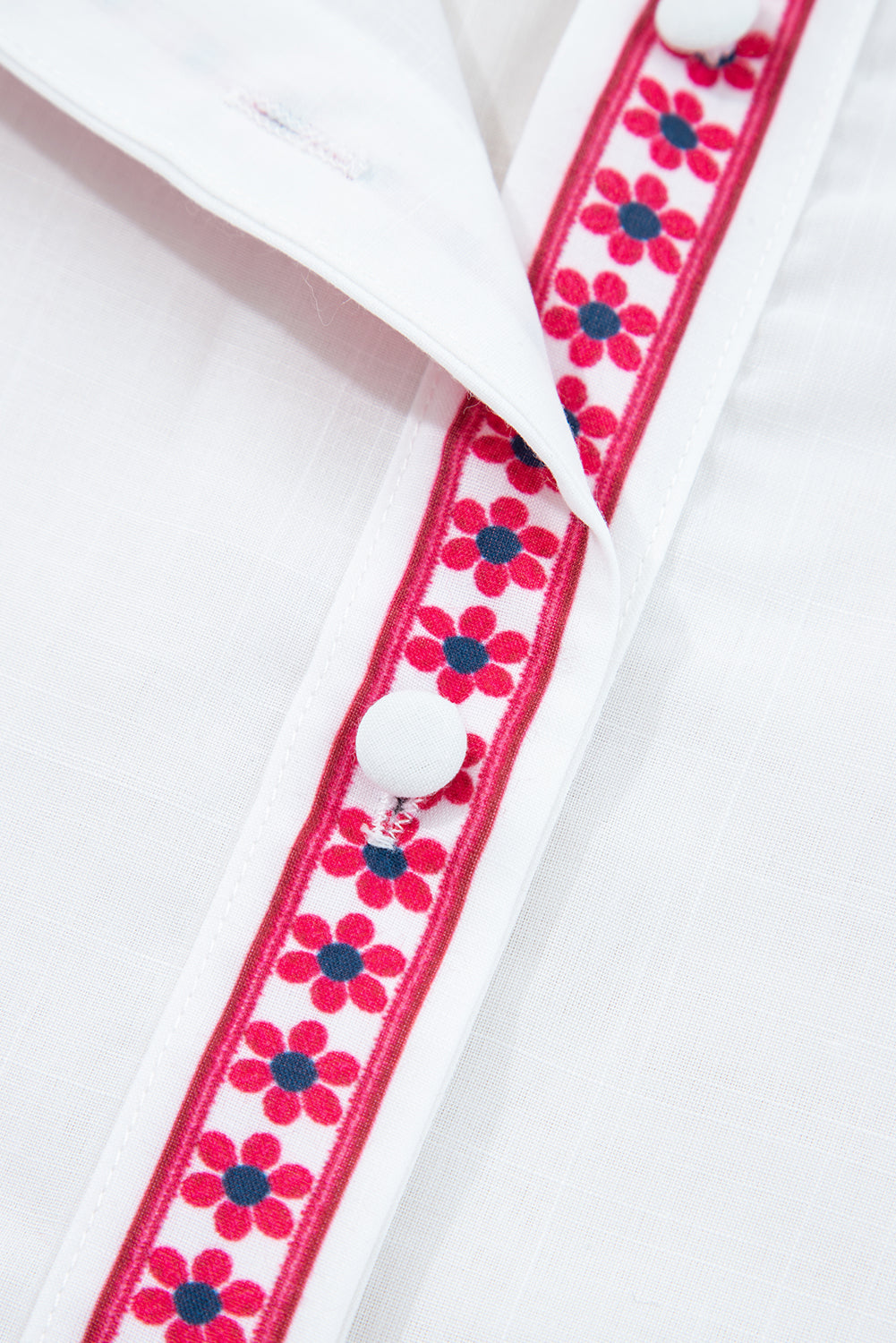 White Floral Embroidered Puff Long Sleeve Casual Shirt