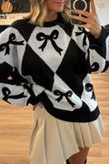 Red Bow Print 2-tone Rhombus Knit Loose Sweater by Wild and Free Boutique