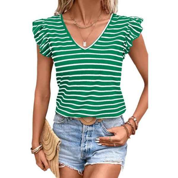 Stripe Butterfly Sleeve V Neck Knot Back T Shirt