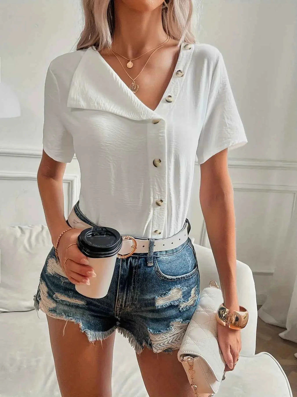 Button Front Short Sleeve White Asymmetrical Top