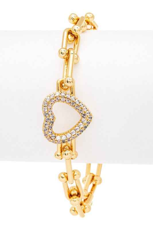 Micro Pave Heart Charm Paperclip Bracelet