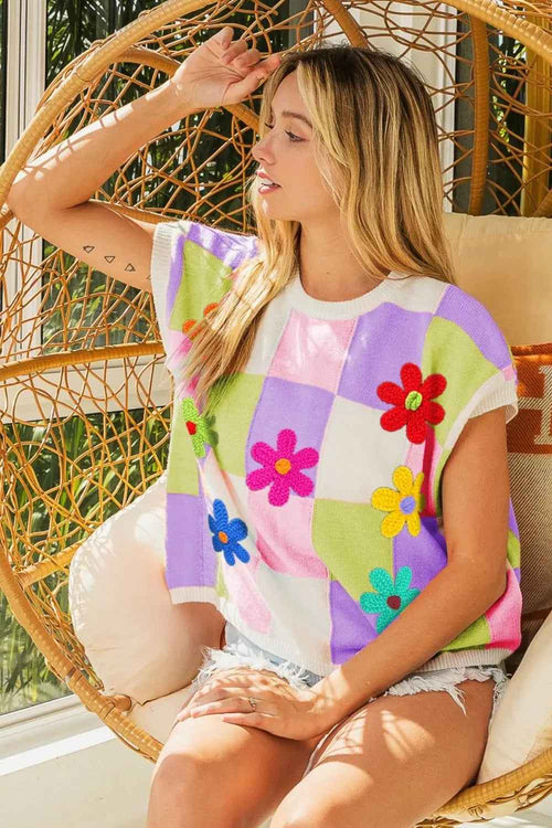 BiBi Flower Patch Checkered Sweater Vest by Be Bliss Boutique