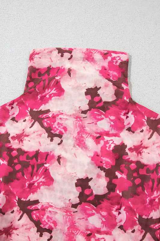 Rose Floral Mesh Flounce Sleeve Mock Neck Blouse