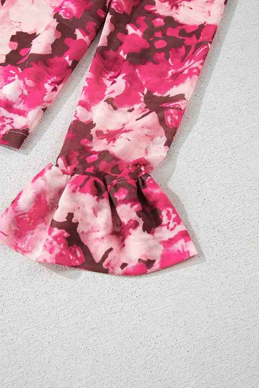 Rose Floral Mesh Flounce Sleeve Mock Neck Blouse