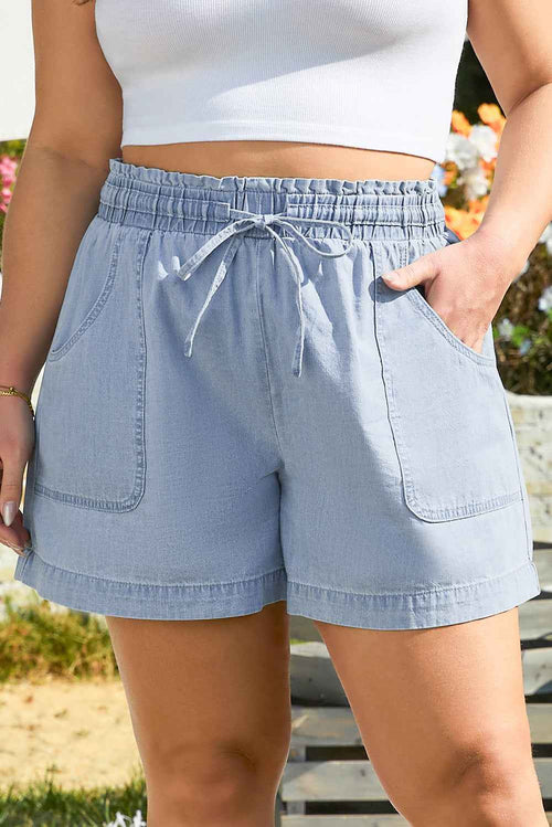 Beau Blue Pocketed Drawstring High Waist Plus Size Denim Shorts by Wild and Free Boutique
