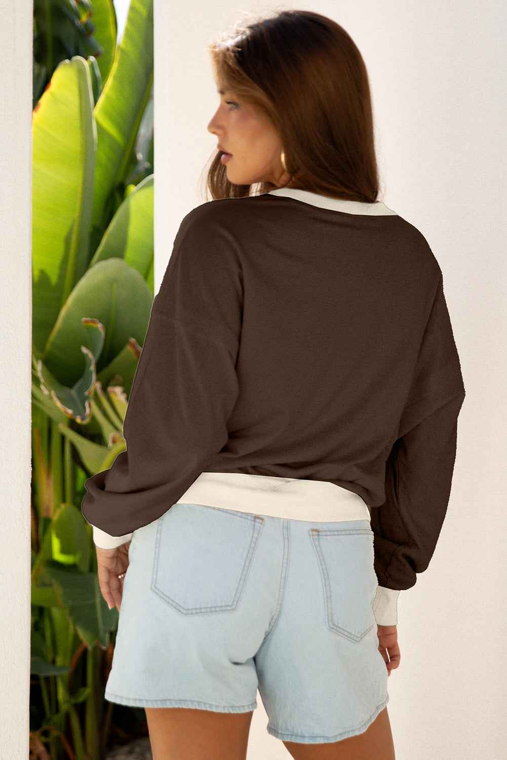 Smoke Green Raw Edge Flower Patch Drop Shoulder Casual Top