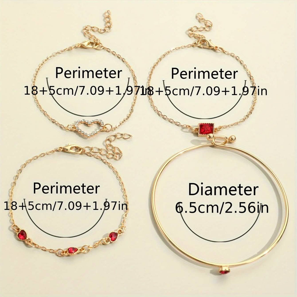 4pcs Rhinestone Alloy Bracelet Set – Minimalist Heart & Square Design by DailySale