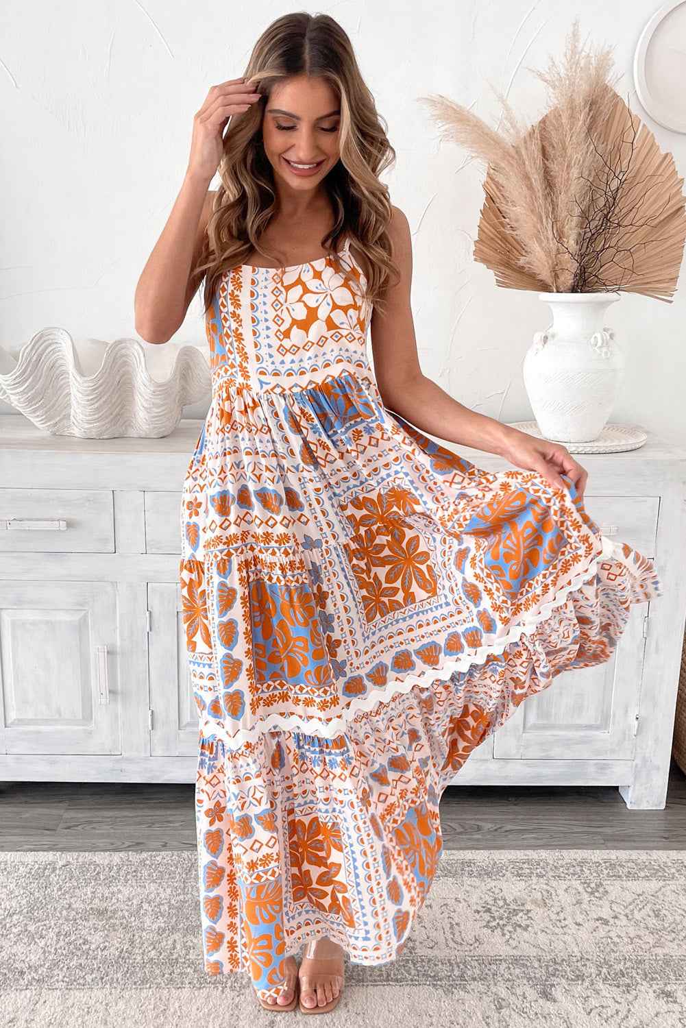Orange Floral Print Ricrac Trim Spaghetti Straps Maxi Dress