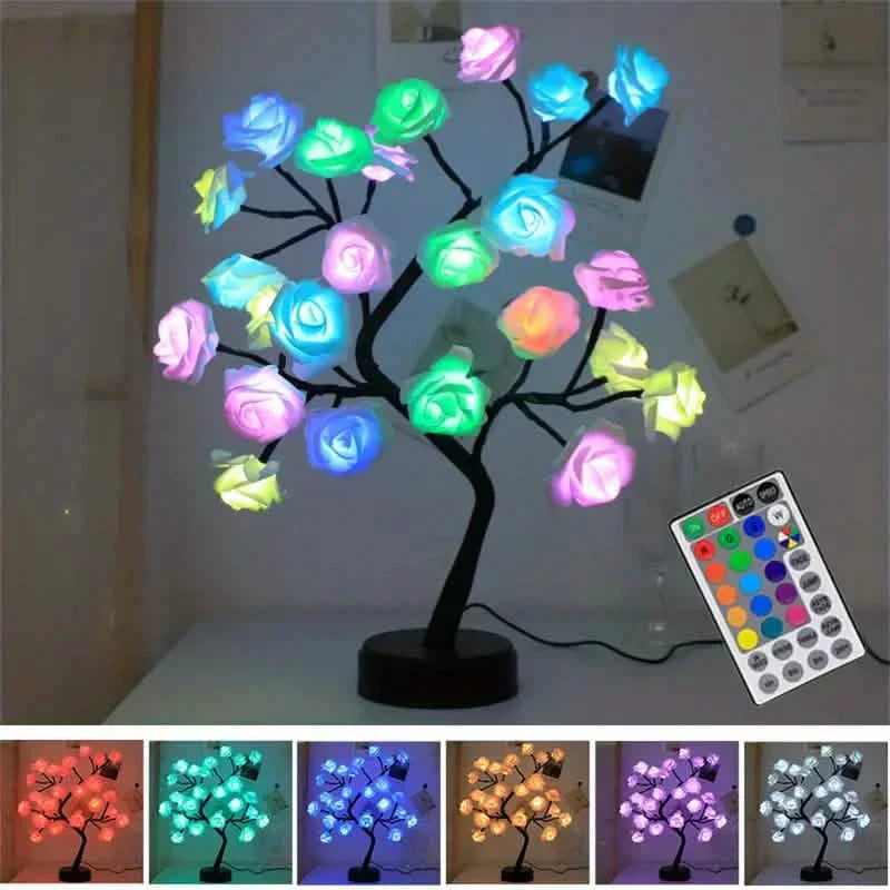 24 LED RGB 16 Colors Rose Tree Night Light Battery And USB Plug Operated Rose Flower Fairy Lights Remote Control by DailySale