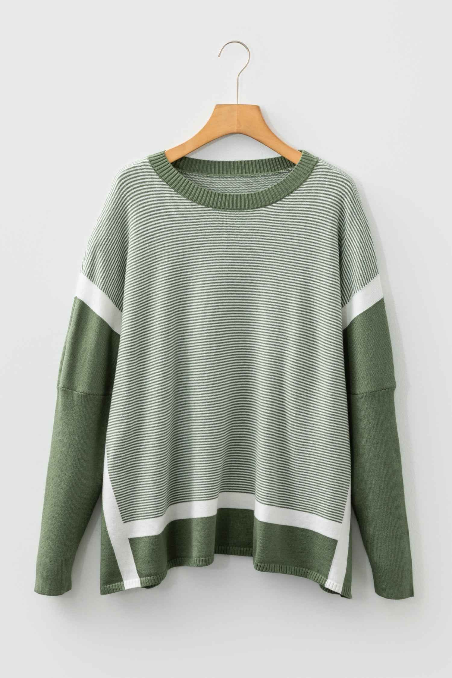 Green Stripe Color Block Patchwork Dolman Oversize Tunic Sweater