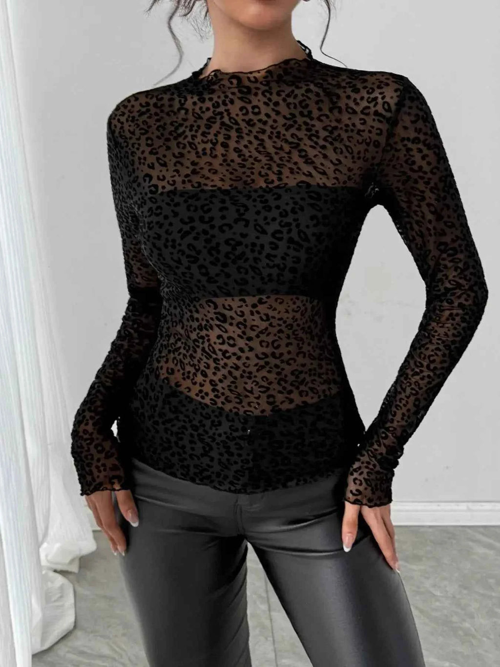 Leopard Print Mesh Long Sleeve T Shirt