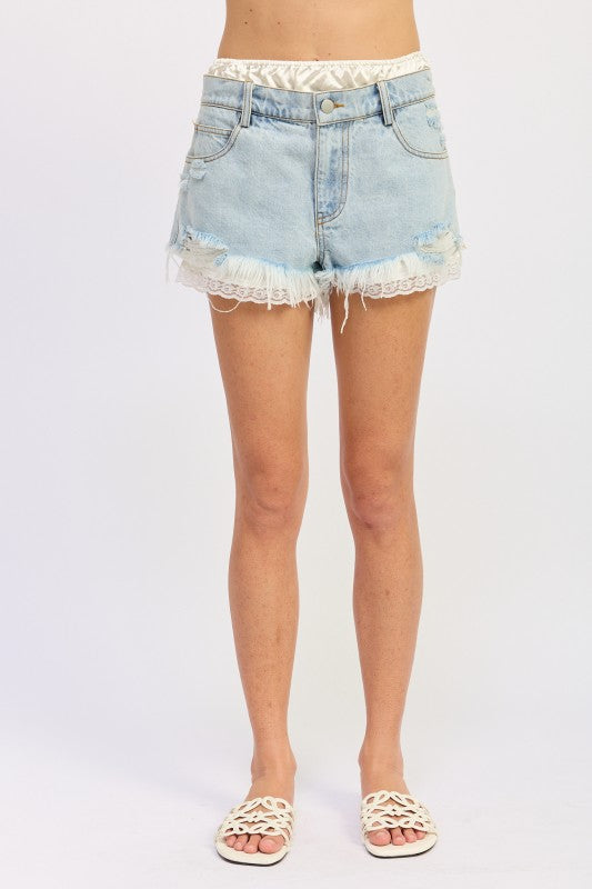 HIGH RISE DENIM SHORTS WITH LACE TRIM See size chart under “more details”