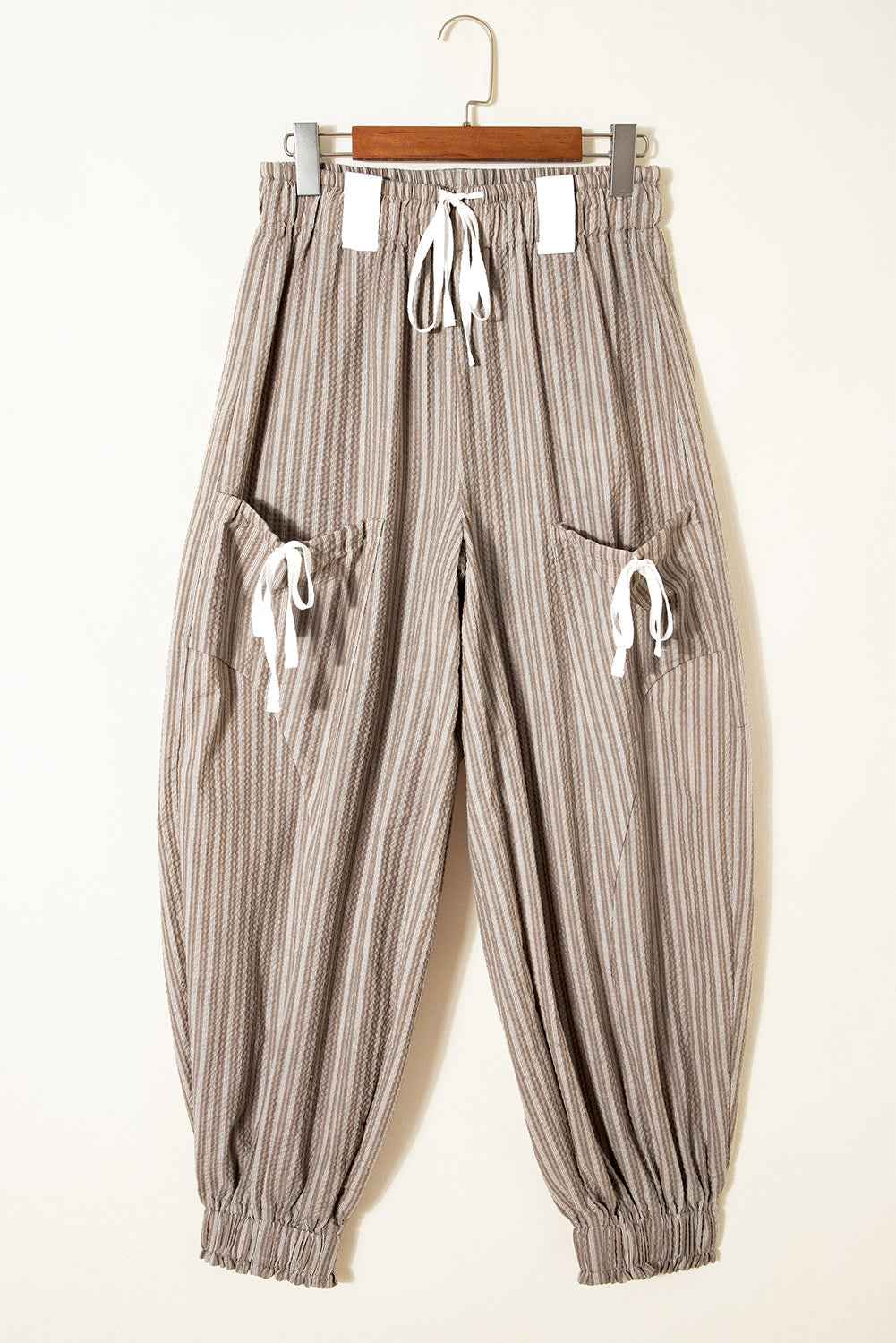 Brown Stripe Drawstring Cargo Jogger Pants with Pockets