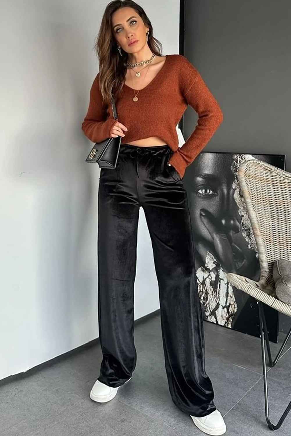 Black Shiny Velvet Drawstring High Waist Straight Leg Casual Pants