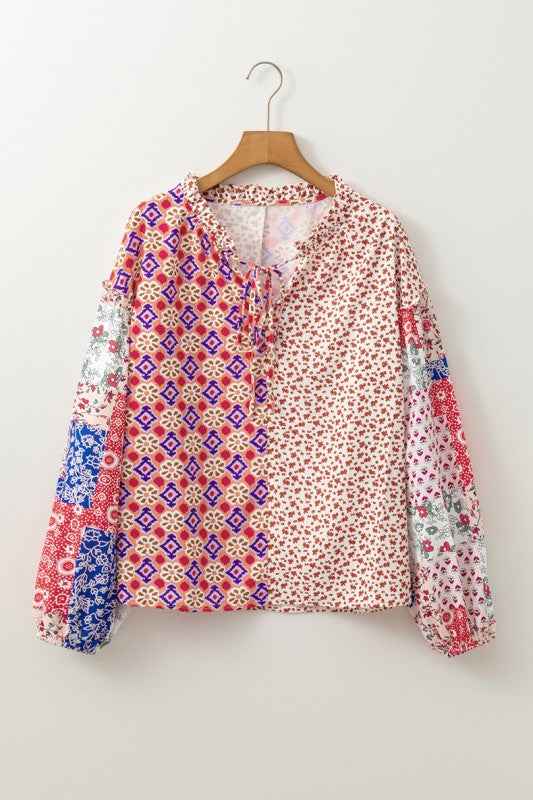 Floral Printed Long Sleeve Tied V Neck Blouse
