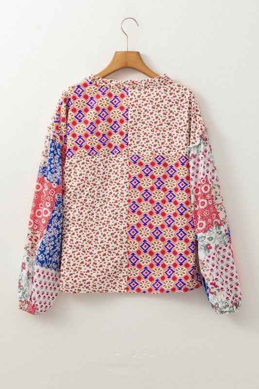 Floral Printed Long Sleeve Tied V Neck Blouse