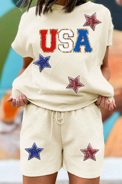 Apricot USA Star Patched Graphic Textured Short Set by Wild and Free Boutique
