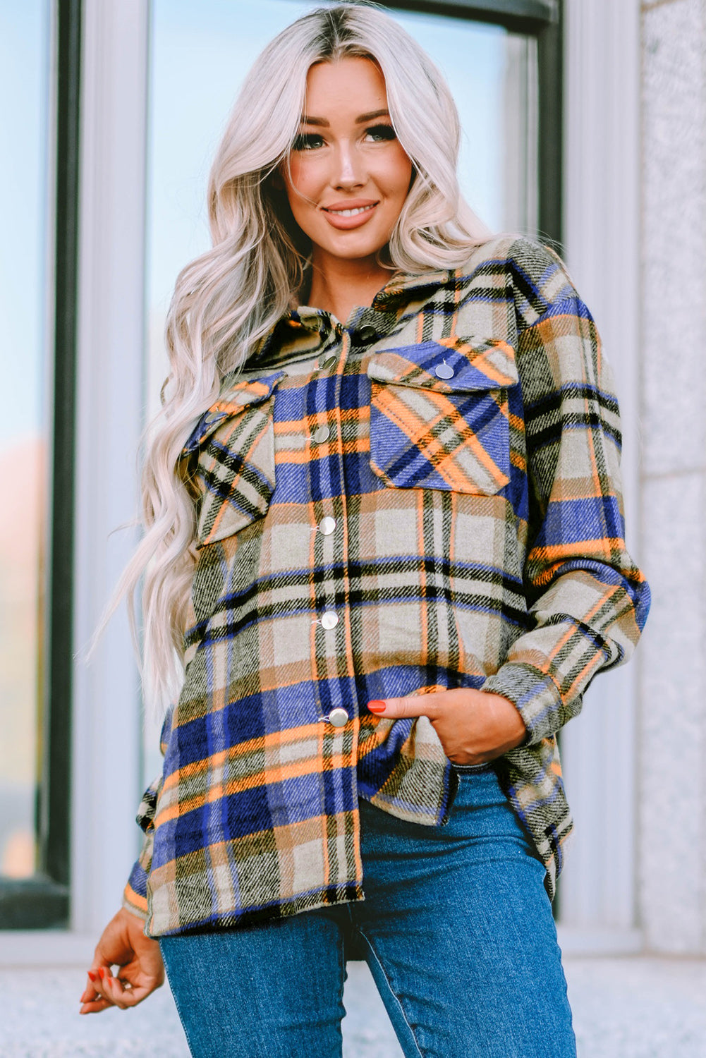 Green Geometric Plaid Print Pocketed Shacket