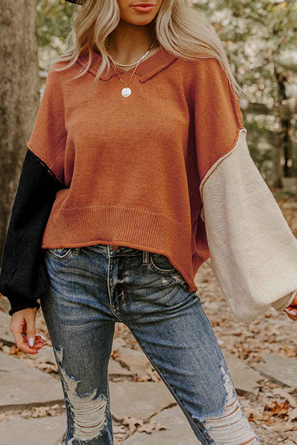Desert Gold Colorblock Raw Edge Bubble Sleeve V Neck Sweater