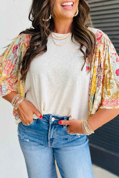 Beige Floral Patchwork Batwing Sleeve Blouse by Wild and Free Boutique