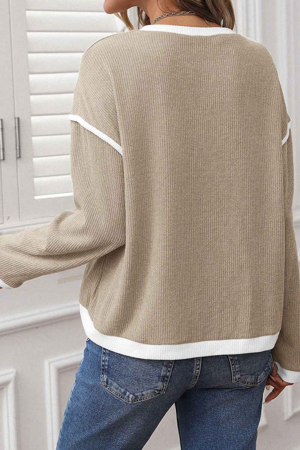 Beige Contrast Color Trim Knit Drop Shoulder Loose Top