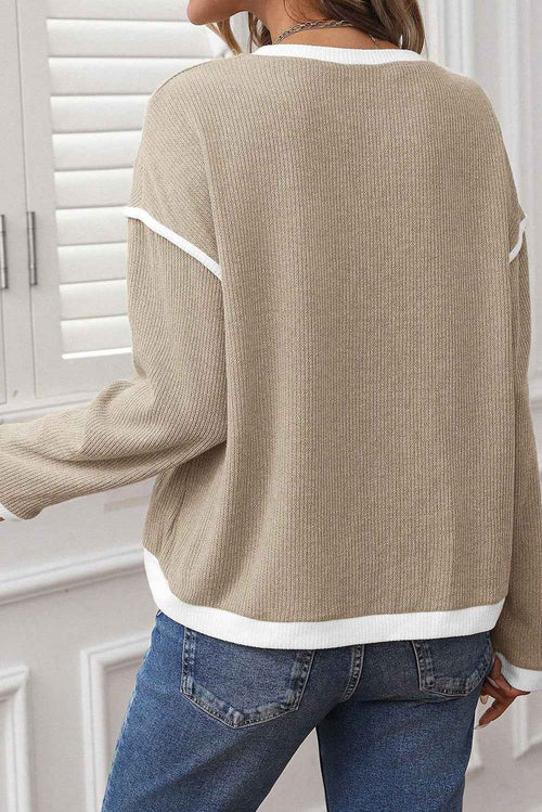 Beige Contrast Color Trim Knit Drop Shoulder Loose Top by Wild and Free Boutique