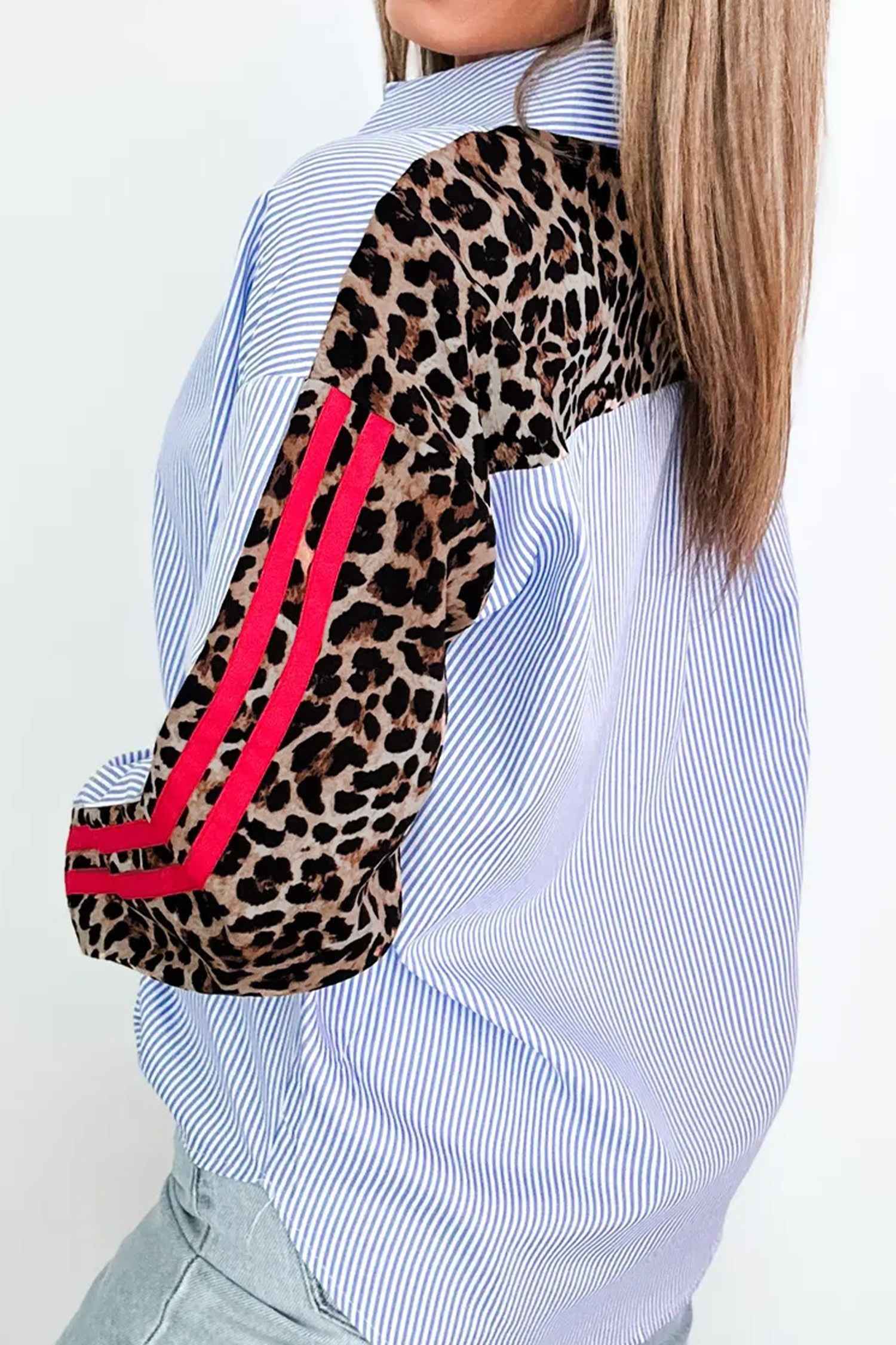 Sky Blue Stripe Contrasted Varsity Stripe Leopard Patchwork Button Down Shirt