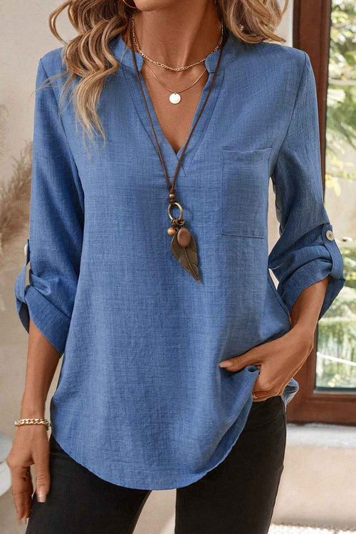 Ashleigh Blue Solid Color Notched V Neck Roll up 3/4 Sleeve Blouse by Wild and Free Boutique