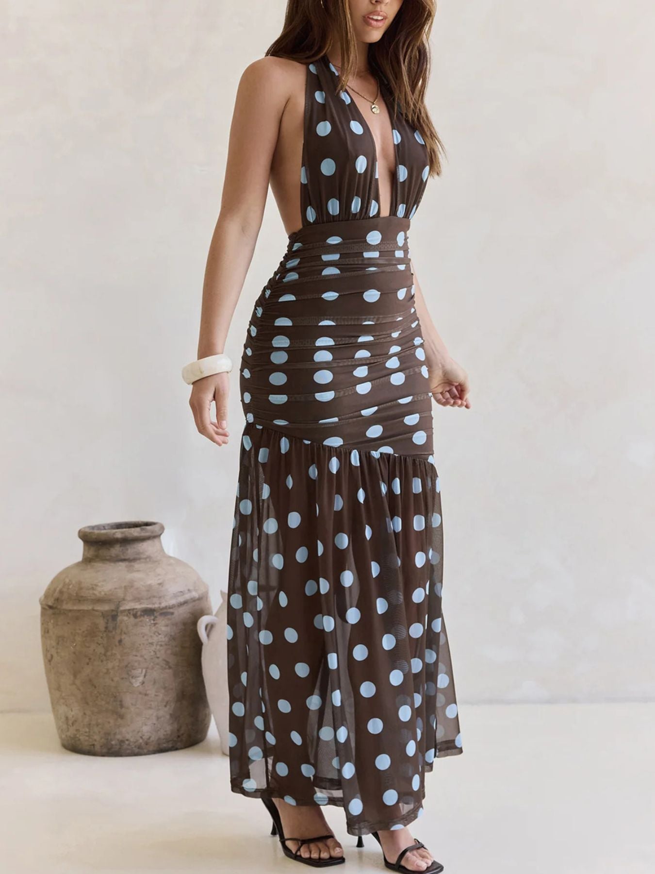 Polka Dot Halter Ruched Maxi Dress by Shopiebay