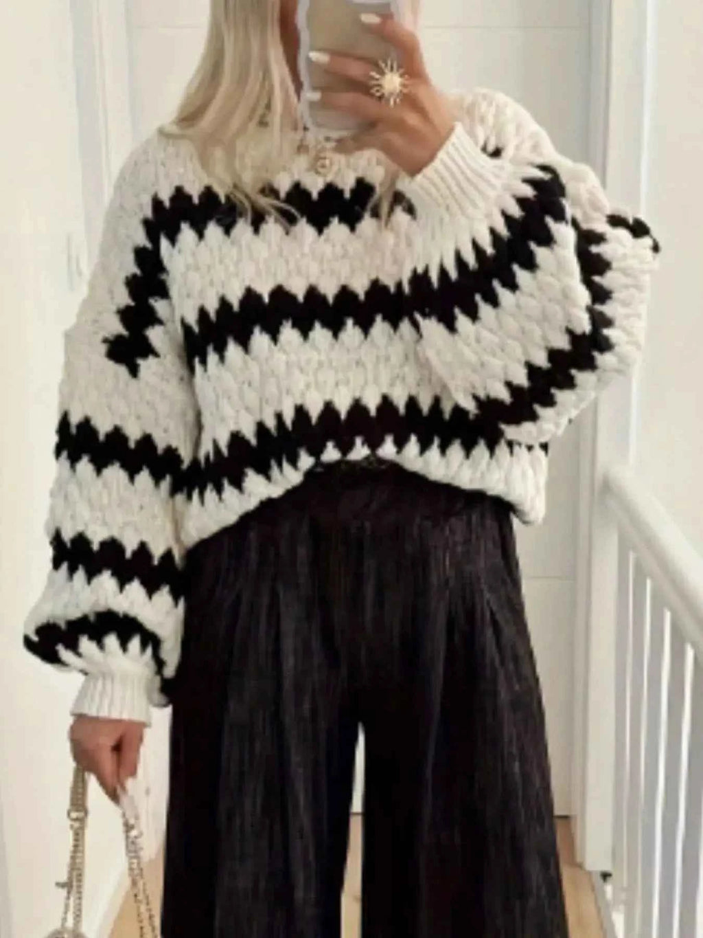 Striped Round Neck Dropped Shoulder Sweater