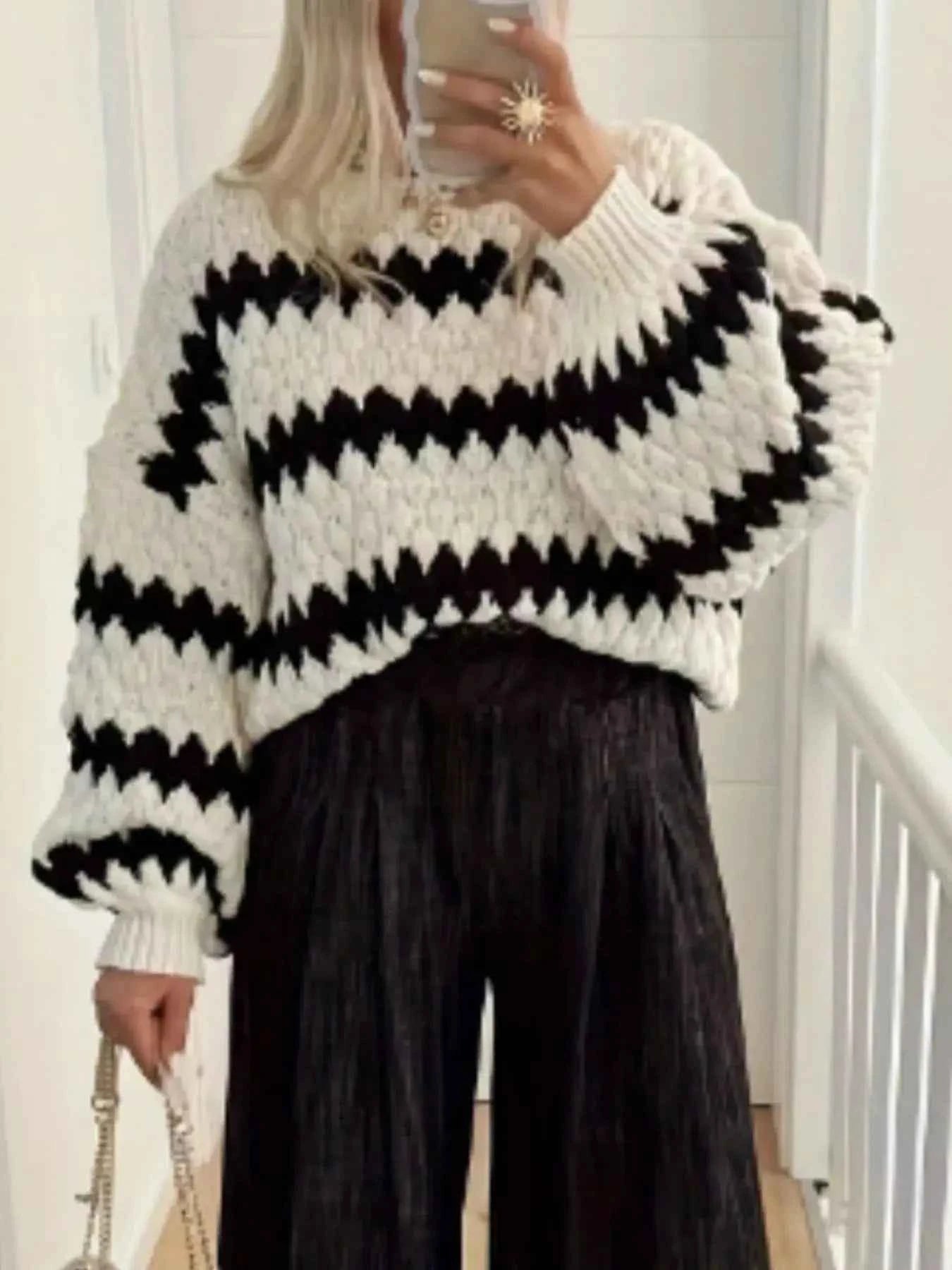 Striped Round Neck Dropped Shoulder Sweater
